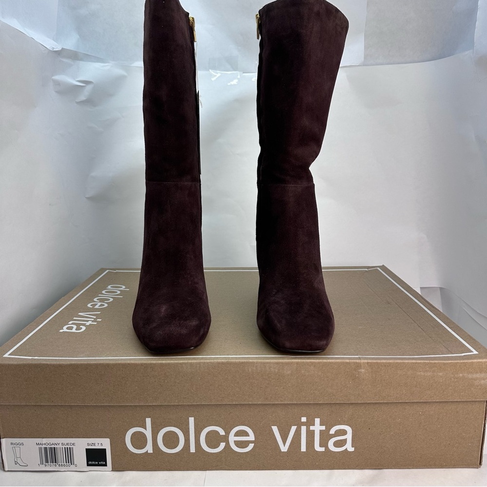 Dolce Vita Riggs Boot in Mahogany suede leather high heeled mid calf brown - Picture 3 of 6